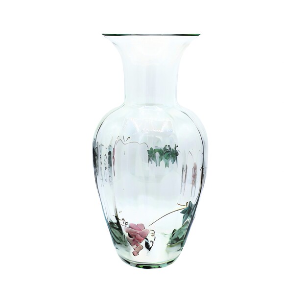 Vintage Large Glass Vase Etched Grape Design Hand Painted Accents by Wine Things - Picture 2 of 7